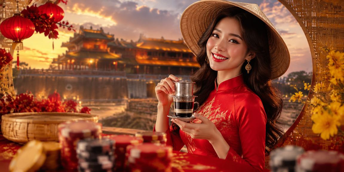 Cảnh Huế với nón lá và thiết bị đặt cược thể thao trực tuyến buổi chiều tà